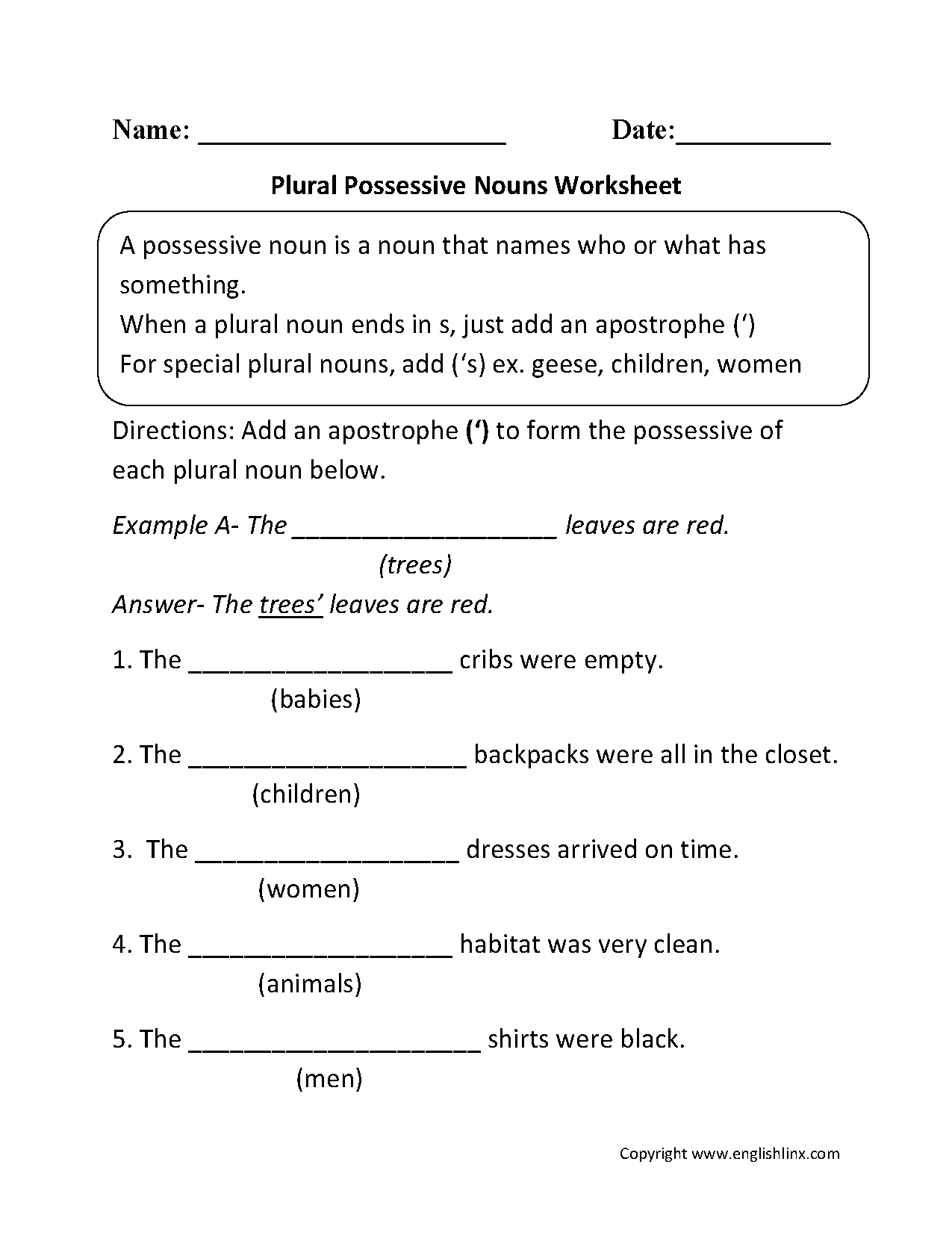 Possessive Nouns Worksheets | Plural Possessive Nouns Worksheets