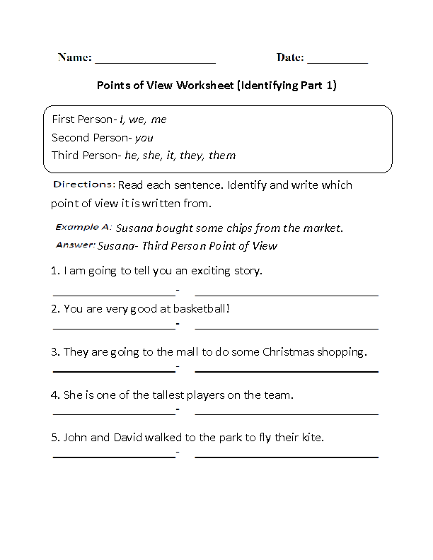 Point of View Worksheets | Identifying Points of View Worksheet Part 1