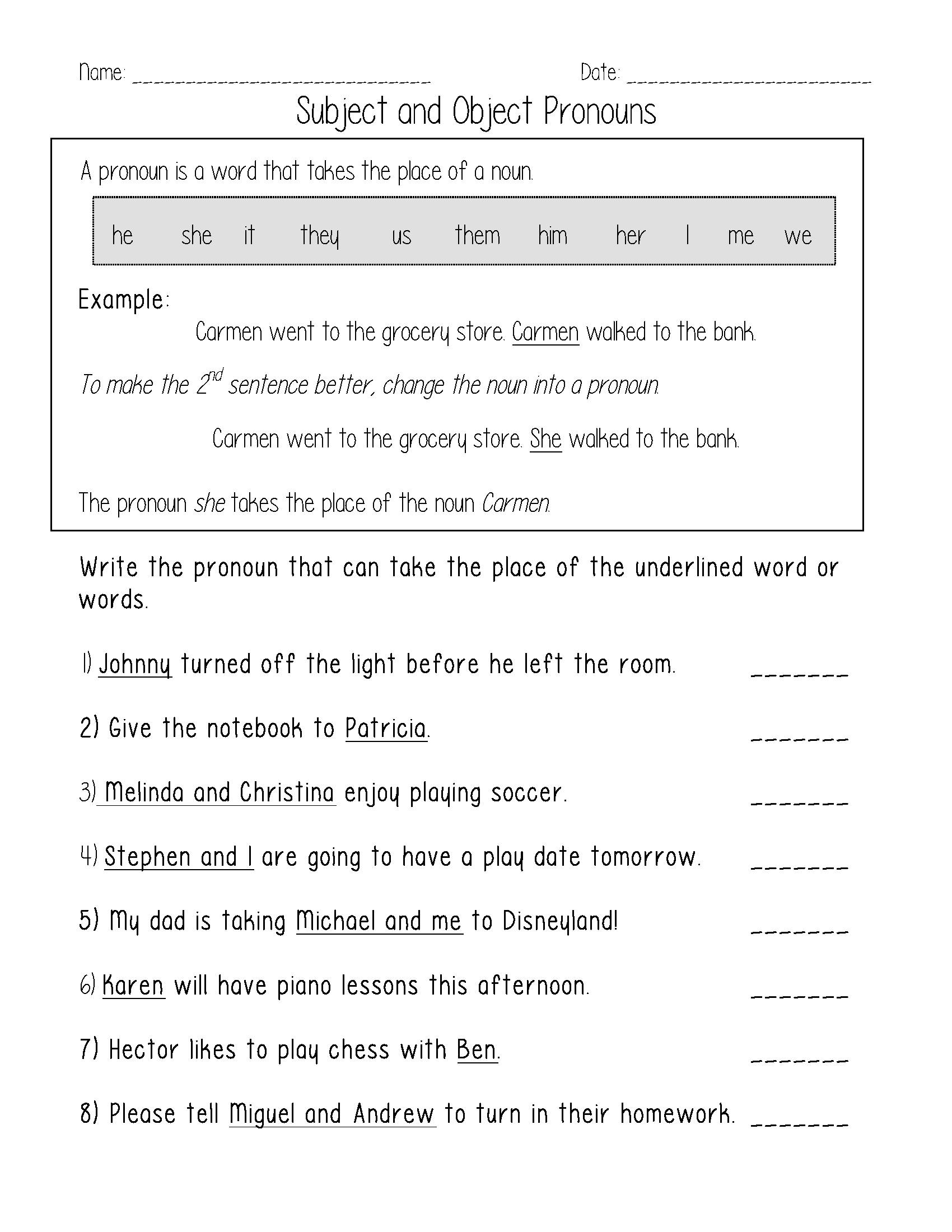 Pronouns Worksheets | Subject and Object Pronouns Worksheets