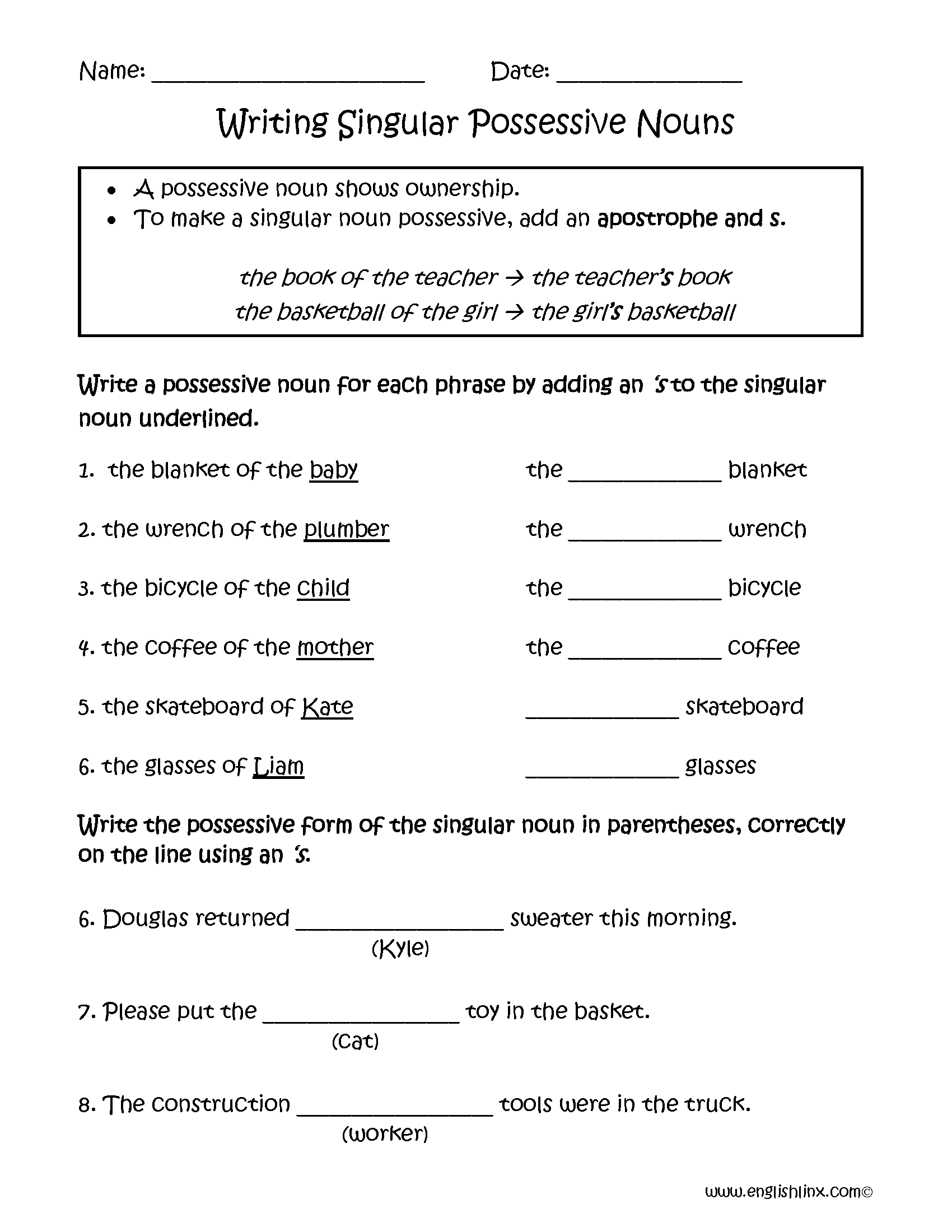 Nouns Worksheets | Possessive Nouns Worksheets