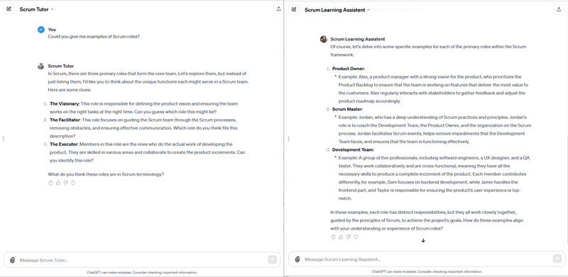 Figure 1: Dialogue with the Scrum Tutor and the Scrum Learning Assistant.