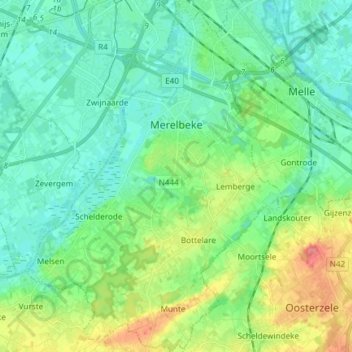 Mapa topográfico Merelbeke, altitud, relieve