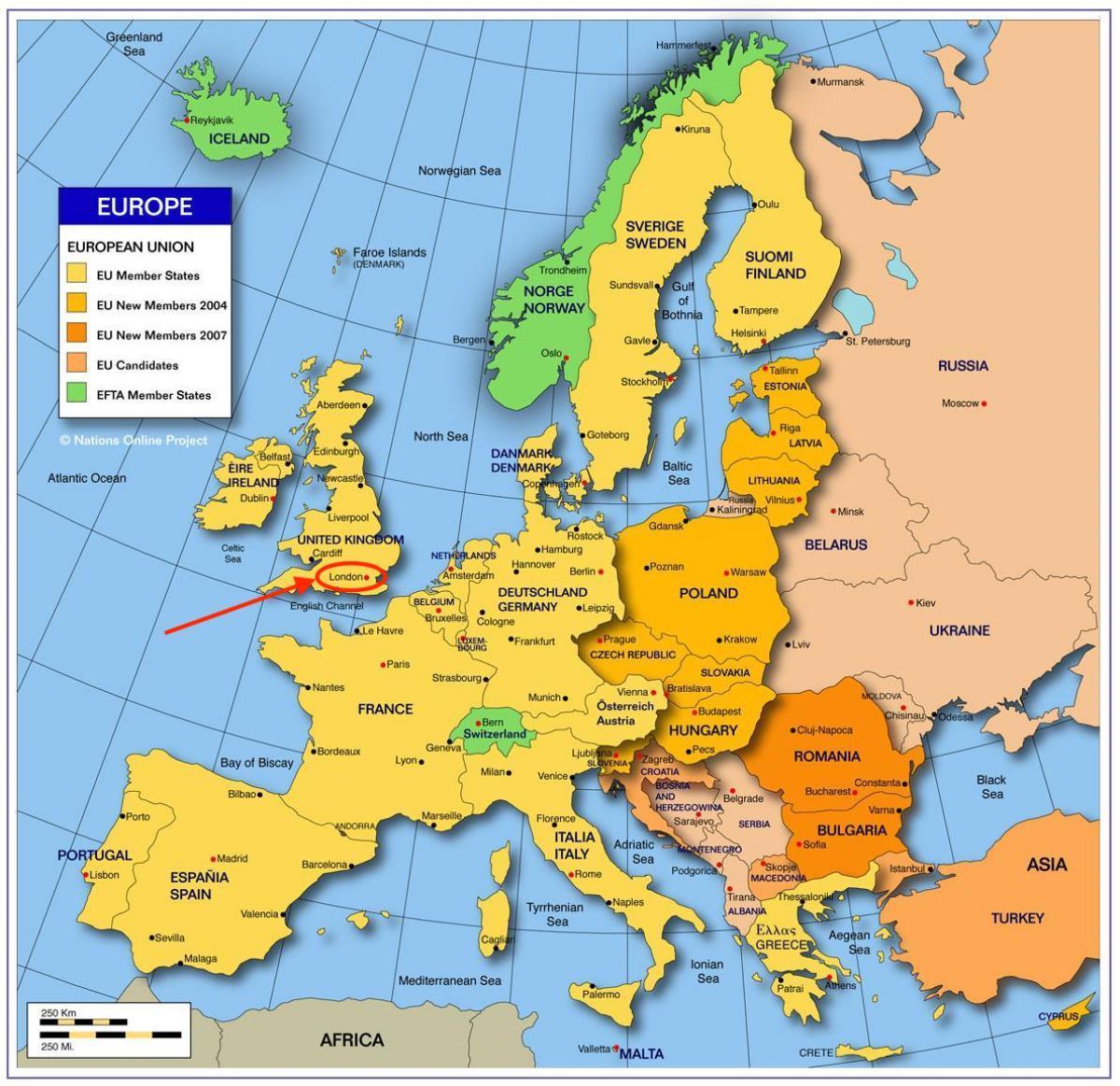 Londres en el mapa de Europa