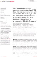 Cover page: High frequencies of alpha common cold coronavirus/SARS-CoV-2 cross-reactive functional CD4+ and CD8+ memory T cells are associated with protection from symptomatic and fatal SARS-CoV-2 infections in unvaccinated COVID-19 patients.