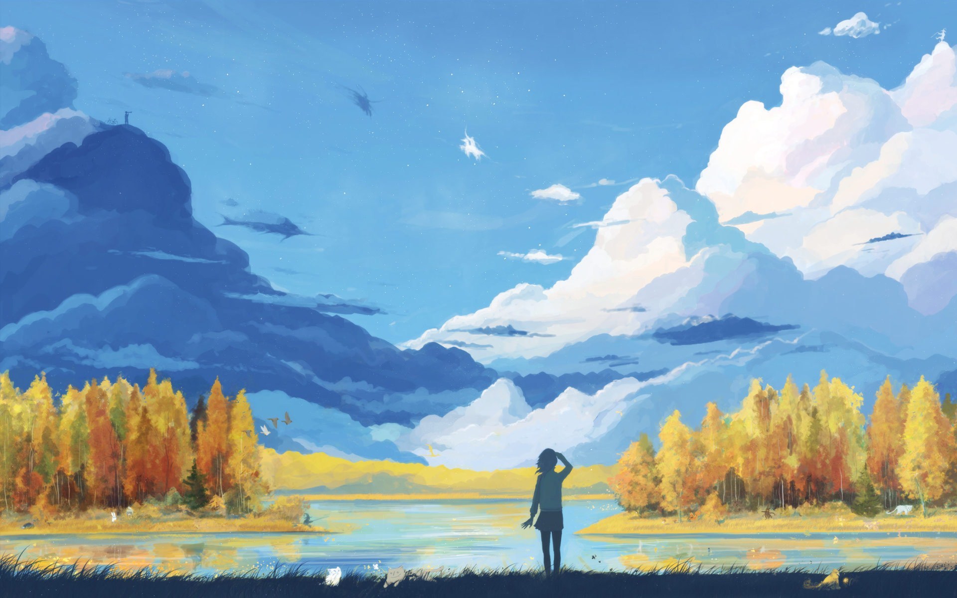 Girl Lake Clouds Landscape Drawing HD Wallpaper