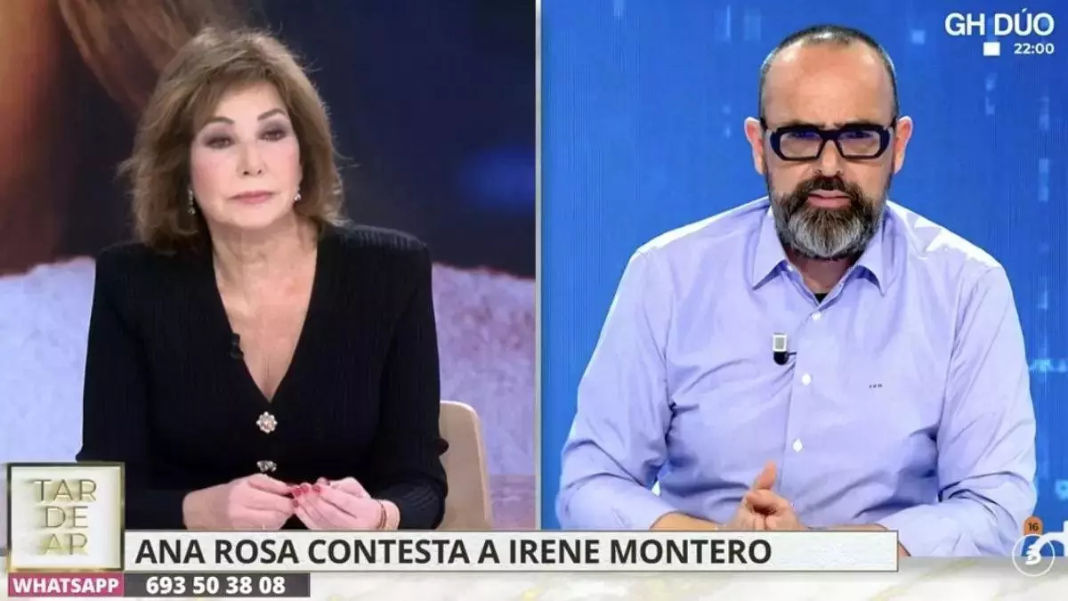 Ana Rosa responde enfurecida a las acusaciones de Irene Montero con Risto Mejide en un 'simulcast' en Telecinco y Cuatro: "Me odia"