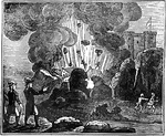 The Siege of Alicant, Spain in 1709. Caption bellow illustration: "The mine at last blew up; the rock opened and shut; the whole mountain felt convulsion, the governor and field officers, with their company, ten guns, and two mortars, were buried in the Abyss."