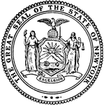 The Great Seal of the State of New York. The seal shows Justice holding the scales and Liberty stepping on the British Crown. Between them, is a shield with the sun and boats on the Hudson River. Beneath is the state motto 'Excelsior' meaning "Ever upwards."