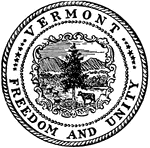 The Great Seal of Vermont. The seal depicts a pine tree in the center with grain sheaves and a cow at its side. Below holds the state motto "Freedom and Unity."