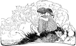 An illustration of a boy and girl sitting on a hill looking at shapes in clouds.