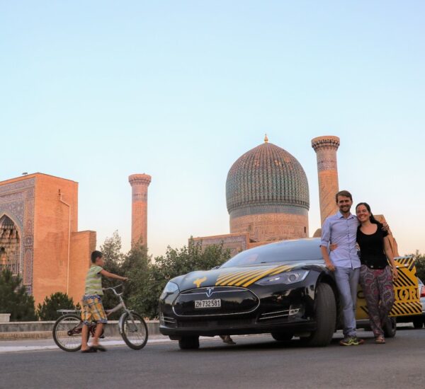 In front of Gur-e-Amir, Timur’s mausoleum in Samarkand, one of the former capitals of the Silk Road