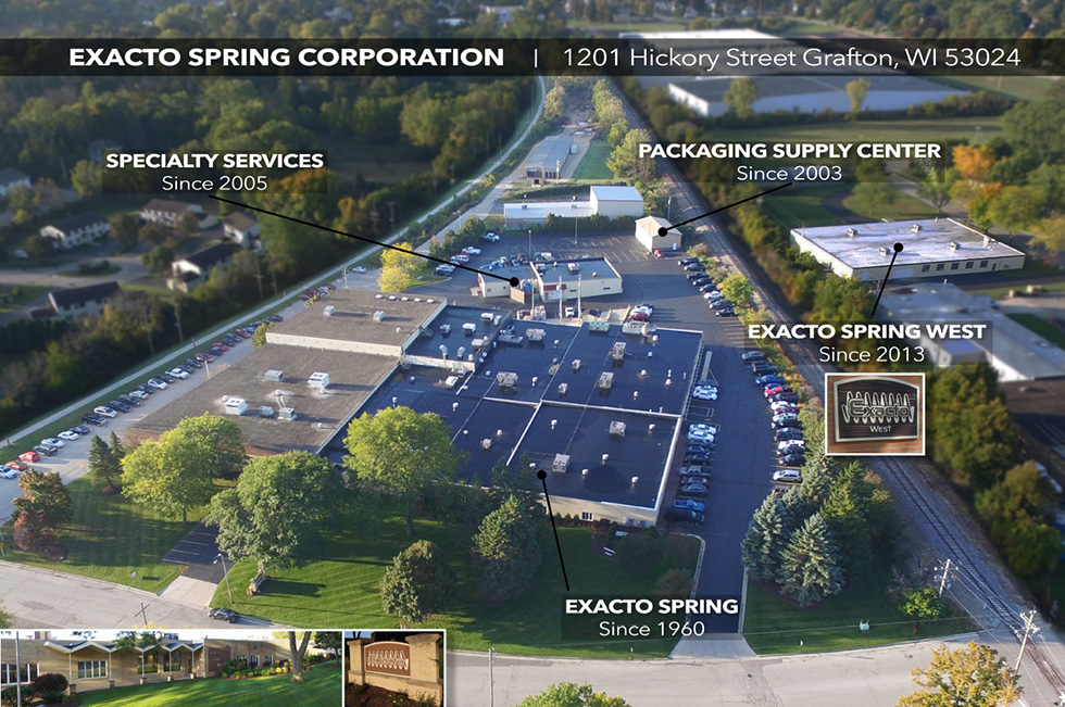 Overhead drone photo of Exacto Spring campus with buildings labeled