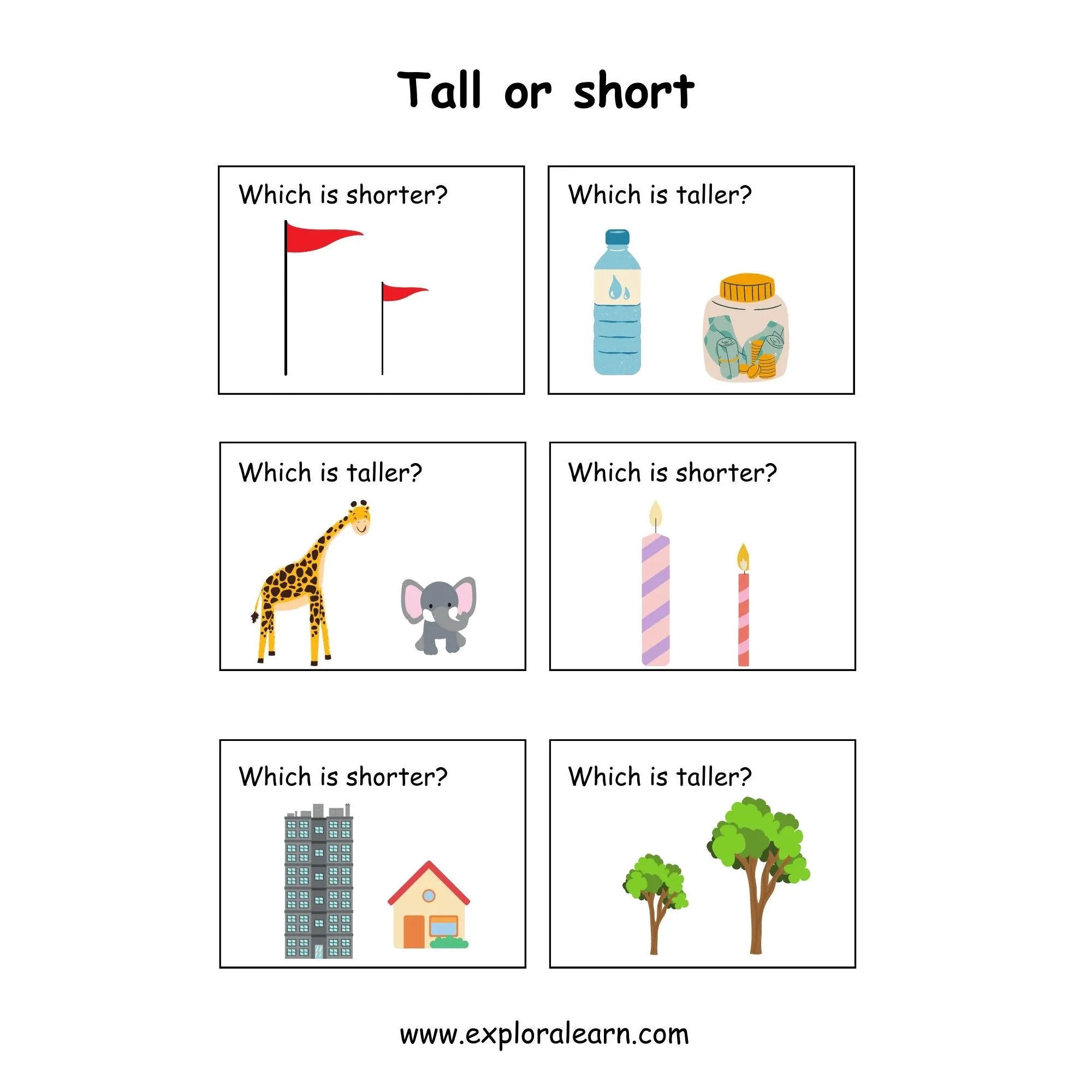 Free Exploralearn Worksheets, Comparisons Worksheets,Tall and Short