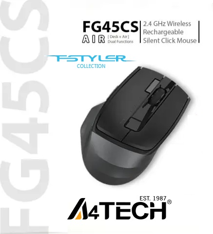 FG45CS Air2 2.4G Wireless Mouse - [ Desk + Air ] Dual Functions - 2000 DPI 4-Level Adjustable - Silent Clicks - 2 Thumb Side Buttons -  On/Off Power Switch - Stone Grey  FG45CS Air2 2.4G Wireless Mouse