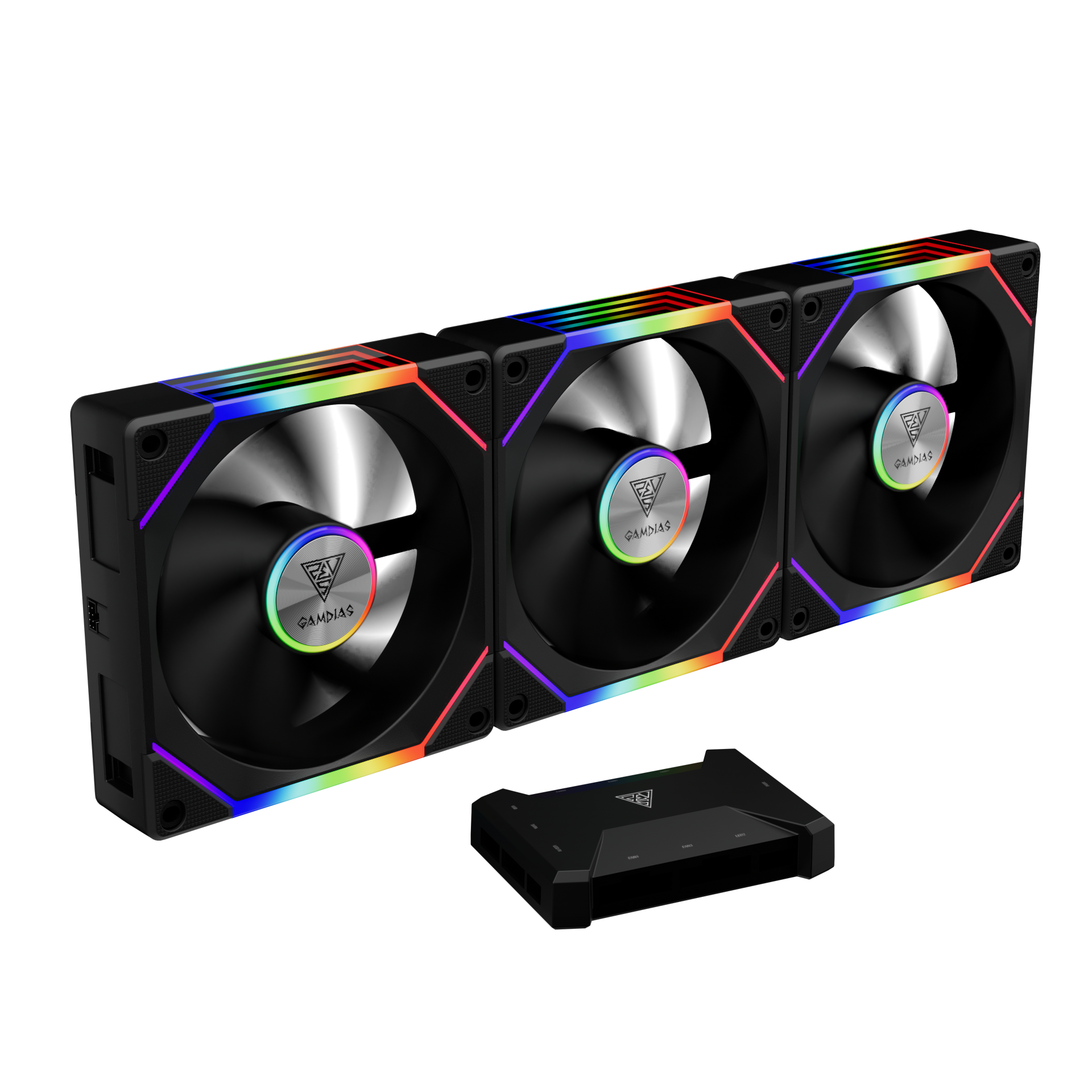 GAM-P2-1203U GAMDIAS 120mm ARGB PC Case Fans GAMDIAS AEOLUS P2-1203U 120mm ARGB PC Case Fans, Cable-less Daisy Chain Connection, Dual Infinity Mirror Lighting, Swappable Fan Blade for Reverse Airflow, Performance 30mm Thick, With Controller