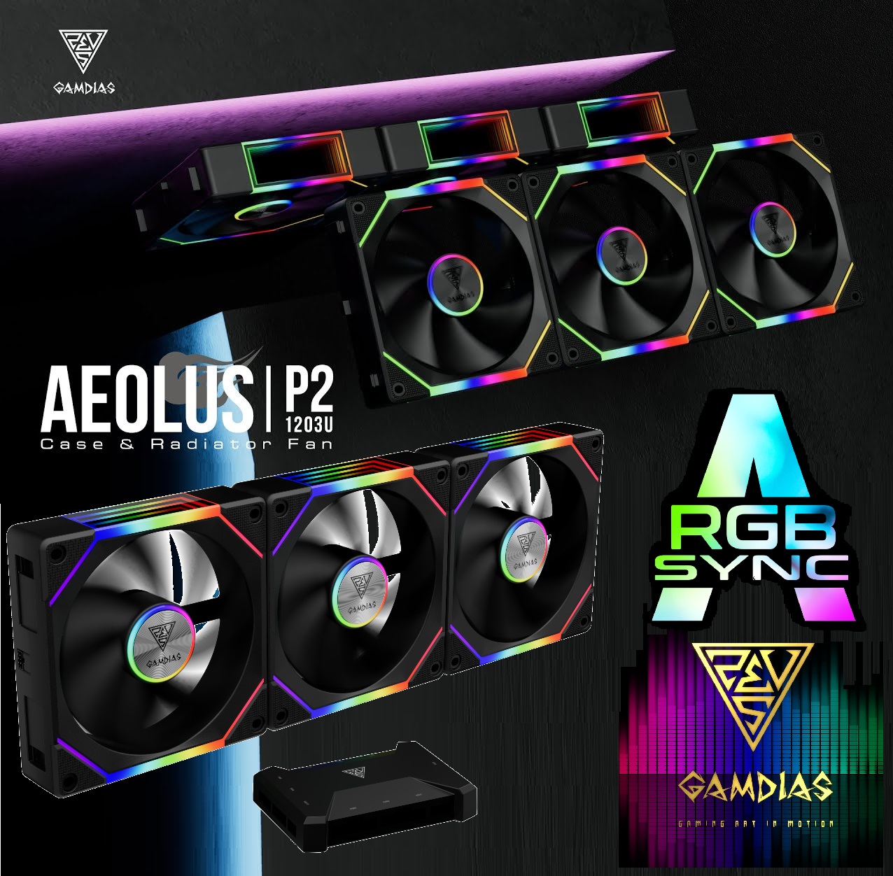 GAM-P2-1203U GAMDIAS 120mm ARGB PC Case Fans GAMDIAS AEOLUS P2-1203U 120mm ARGB PC Case Fans, Cable-less Daisy Chain Connection, Dual Infinity Mirror Lighting, Swappable Fan Blade for Reverse Airflow, Performance 30mm Thick, With Controller