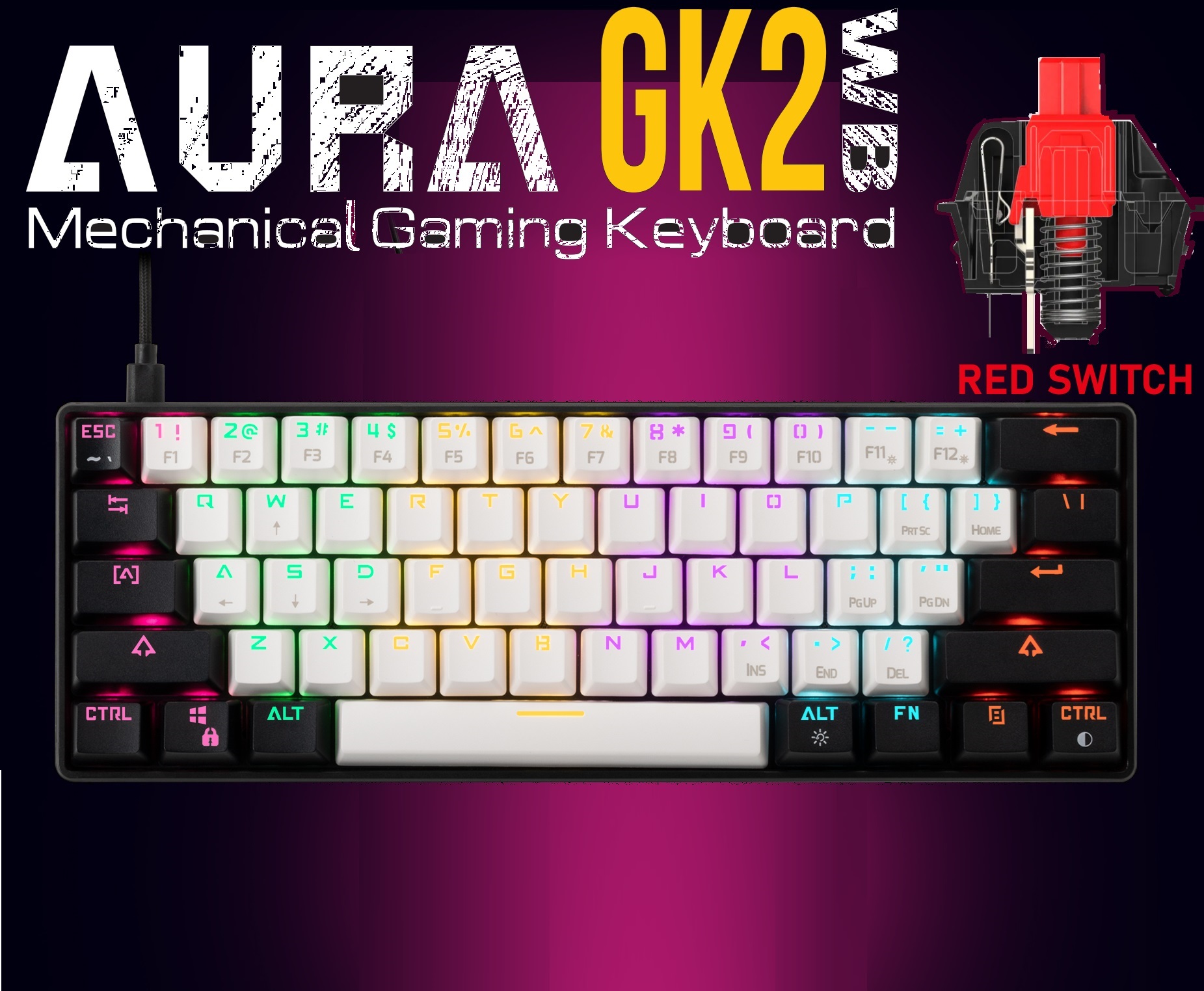 AURA-GK2-WB Aura GK2 60% Mechanical Gaming Keyboard GAMDIAS Aura GK2 White & Black 60% Mechanical Gaming Keyboard Red Switches | 61 Key Tactile Mechanical Switches | RGB Multi-Colour Backlit Switches | 10 Built-in Hot Keys  | USB-A Connectivity