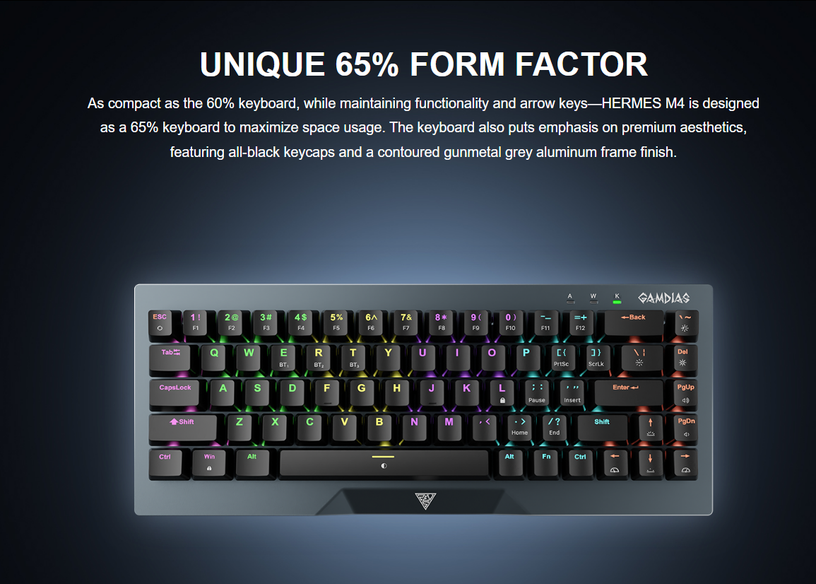 HERMES-M4-GG GAMDIAS HERMES M4 Gaming Mechanical Keyboard GAMDIAS HERMES M4 Gaming Mechanical Keyboard 65% Form Factor , Hotswappable Red Switch , 20 RGB Effects ,Anti-ghosting With N-key Rollover , Software Customizable Macro Key , Metal Contoured Finish