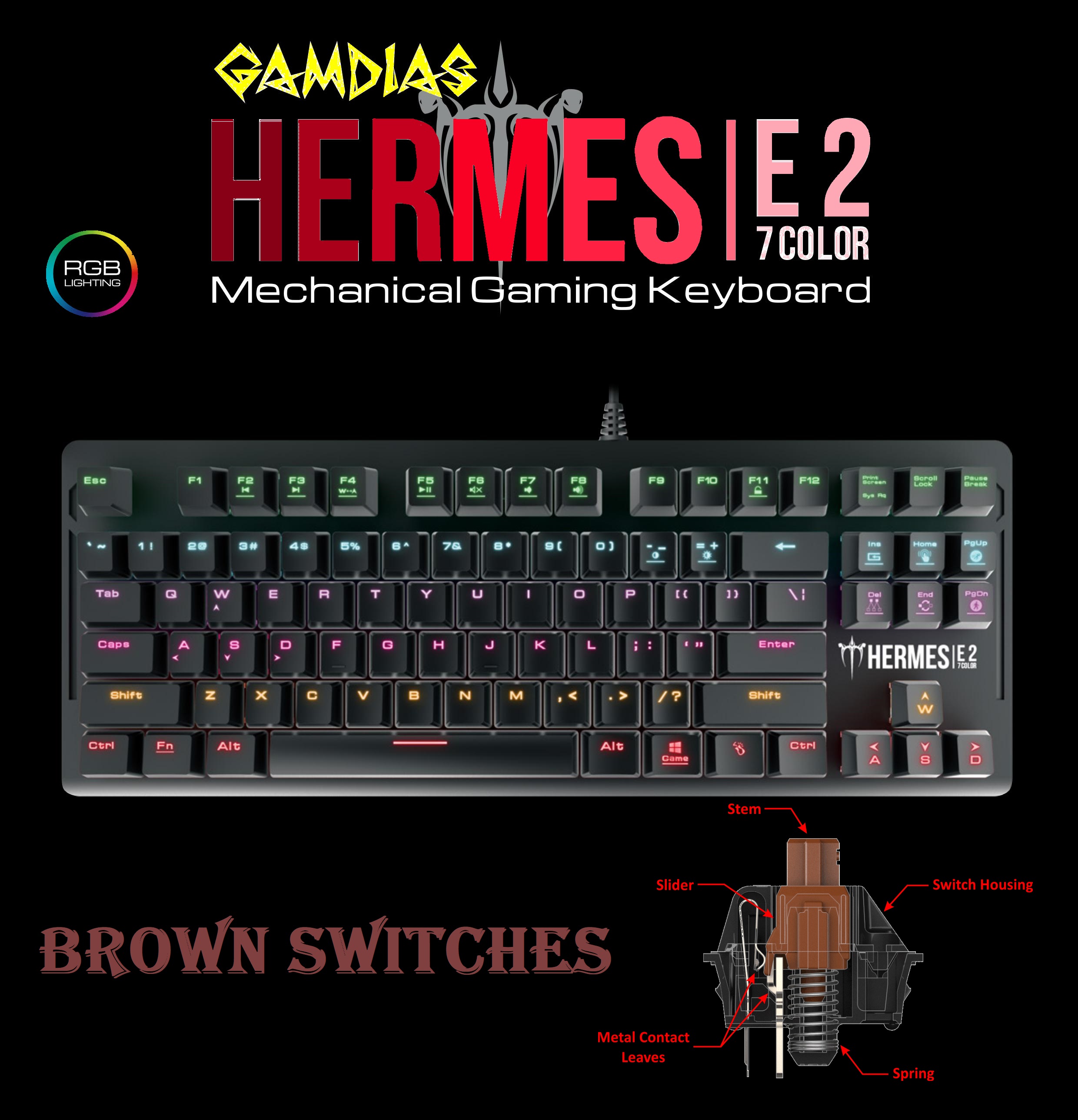 HERMES-E2-BROWN GAMDIAS HERMES E2 Gaming Mechanical Keyboard GAMDIAS HERMES E2 Gaming Mechanical Keyboard Brown Switches , 87 Key Form Factor , 7 Vivid RGB Presets , N-key rollover Anti-ghosting , Metal Faceplate , 1000Hz Polling Rate - Black