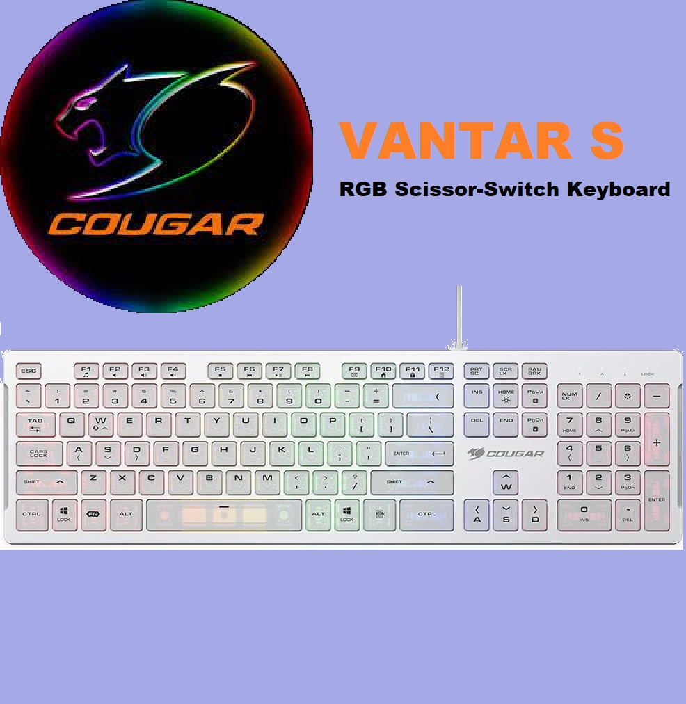 CGR-WRNMW-VSW Gaming White Keyboard RGB COUGAR VANTAR S Gaming White Keyboard , RGB Scissor-Switch, RGB Under glow, Adjustable Stand, Anti-Ghosting Technology , Eight Backlight Effects