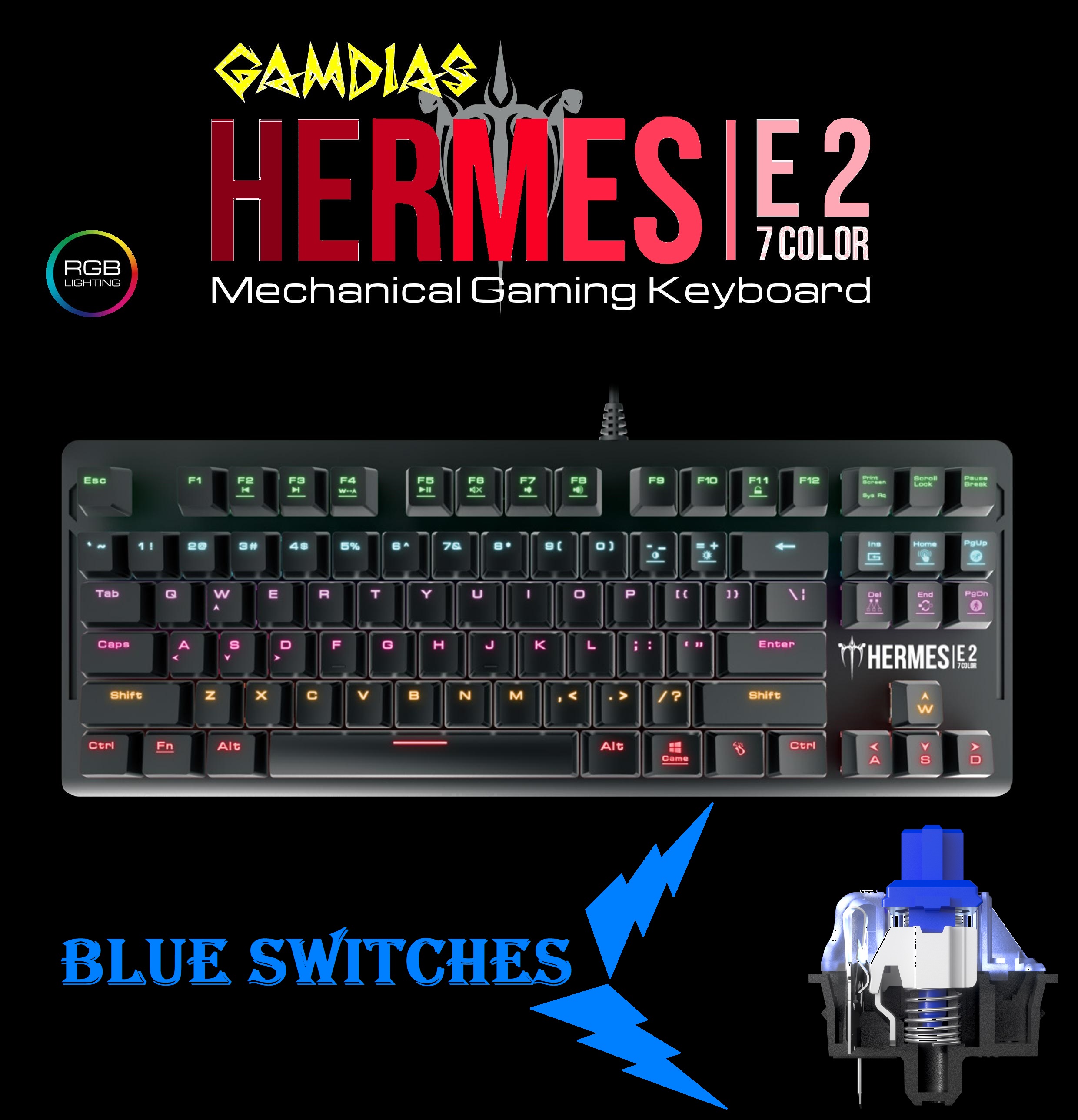 HERMES-E2-BLUE-BK GAMDIAS Gaming Mechanical Keyboard Blue Switch GAMDIAS HERMES E2 Gaming Mechanical Keyboard Blue Switches , 87 Key Form Factor , 7 Vivid RGB Presets , N-key rollover Anti-ghosting , Metal Faceplate , 1000Hz Polling Rate - Black