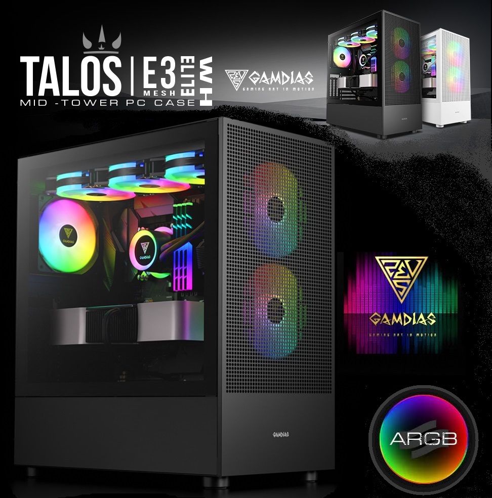 TAL-E3MESH-EL-BK GAMDIAS TALOS E3 MESH ELITE BLACK PC CASE GAMDIAS TALOS E3 MESH ELITE PC CASE ,  ATX Gaming Computer Cases, Mid Tower, Pre-installed 3 ARGB PWM Fans , Tempered Glass Panel, Airflow Mesh, Support Dual 360 - BLACK