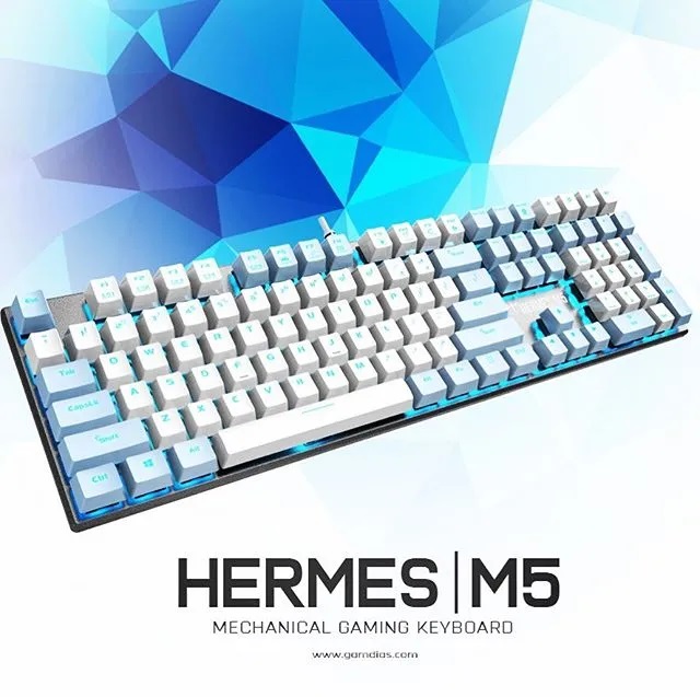 HERMES-M5 Mechanical Gaming Keyboard Blue Switch GAMDIAS Hermes M5 Wired Full-Size Mechanical Gaming Keyboard Blue Switch with 32-bit ARM Cortex Processor, Anti-ghosting Keys and N-Key Rollover  - White & Blue