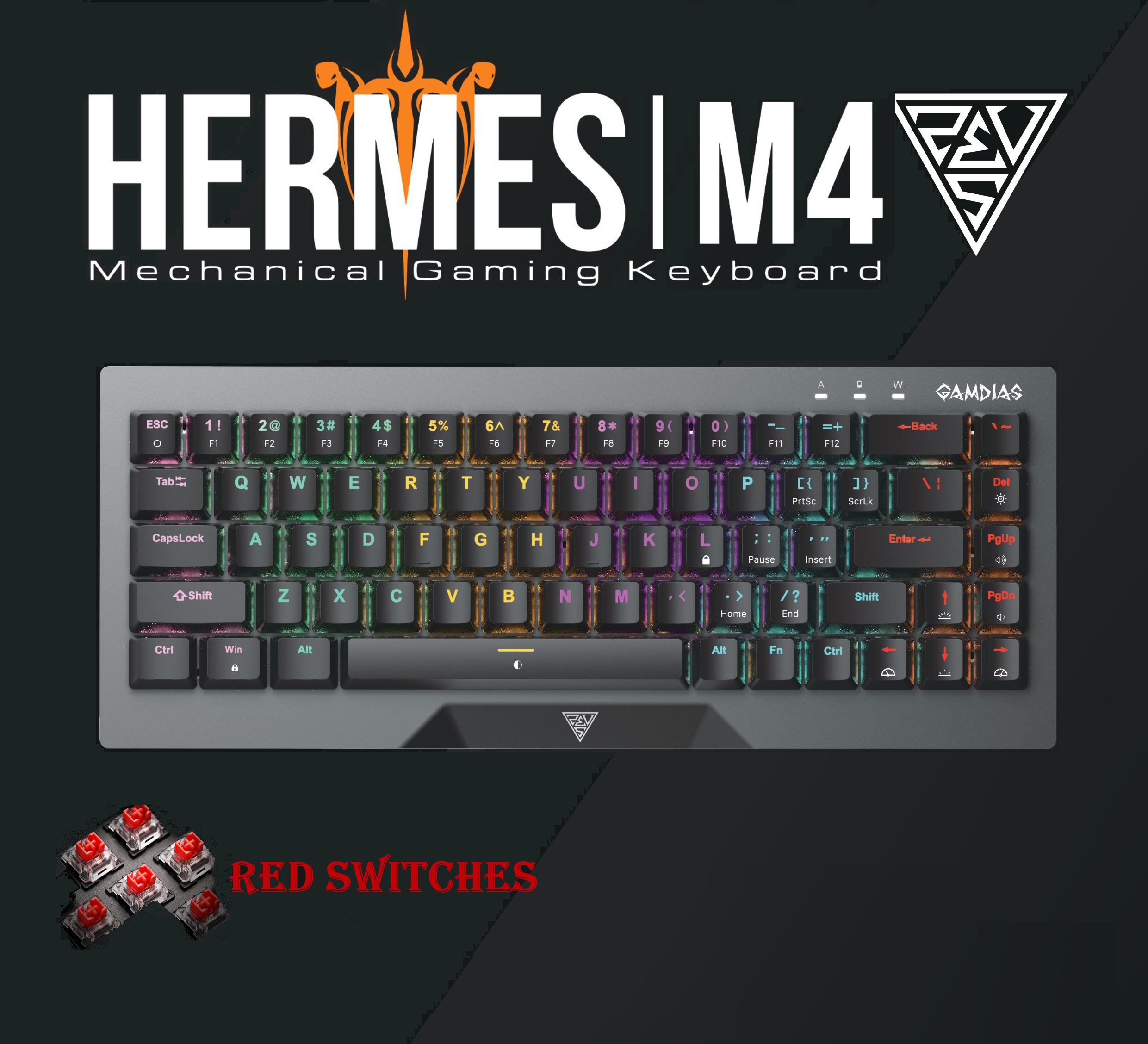 HERMES-M4-GG GAMDIAS HERMES M4 Gaming Mechanical Keyboard GAMDIAS HERMES M4 Gaming Mechanical Keyboard 65% Form Factor , Hotswappable Red Switch , 20 RGB Effects ,Anti-ghosting With N-key Rollover , Software Customizable Macro Key , Metal Contoured Finish