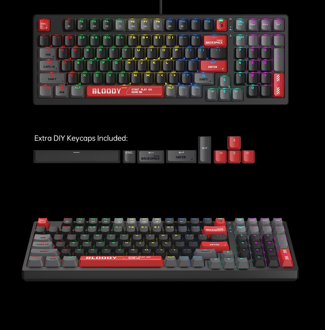 BLOODY-S98 S98 Mechanical Gaming Keyboard BLMS Red Plus bloody S98 RGB Mechanical Gaming Keyboard with BLMS Red Plus Hot-Swappable Switch | RGB Backlit 98-Key Style Keyboard | 3-Direction Cable Management | 4M Onboard Memory | N-Key Rollover | Bloody Red