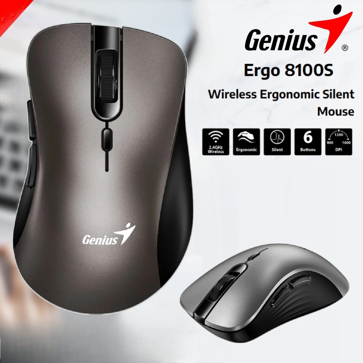 ERGO-8100S-C Wireless Ergonomic Silent Mouse Titanium Genius ERGO 8100S Wireless Silent Mouse 2.4GHz – Ergonomic Right Handed – Silent Switch –  6 Buttons – Adjustable DPI 1600 – Compatible with Windows, Mac OS, and Linux OS | Titanium Champagne 