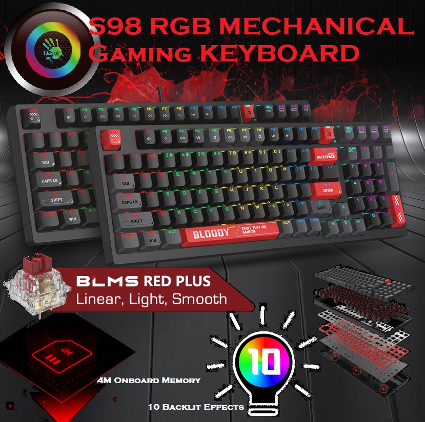 BLOODY-S98 S98 Mechanical Gaming Keyboard BLMS Red Plus bloody S98 RGB Mechanical Gaming Keyboard with BLMS Red Plus Hot-Swappable Switch | RGB Backlit 98-Key Style Keyboard | 3-Direction Cable Management | 4M Onboard Memory | N-Key Rollover | Bloody Red