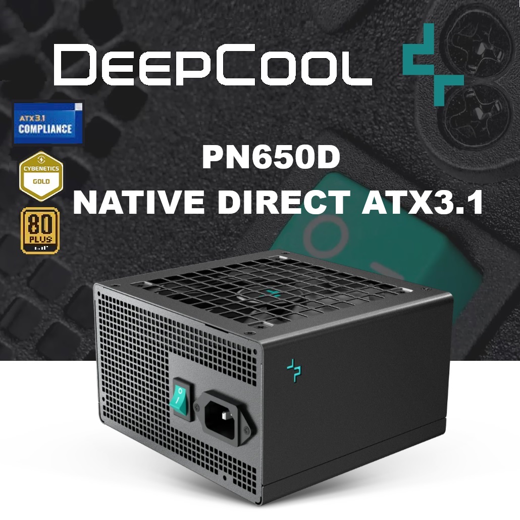 R-PN650D-FC0B-EU PN650D PSU 650W 80 Plus Gold Non-Modular DeepCool PN650D PSU 650W ATX 3.1 &PCIe 5.1 Standard 80 Plus Gold efficiency; Dedicated 12V-2x6, 2 EPS, and 3 PCIe Connectors, Dynamic 120mm Fan, Robust Protection (OVP, OCP, etc.) ; Non-Modular | BLACK