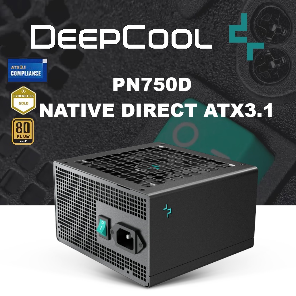 R-PN750D-FC0B-EU PN750D PSU 750W 80 Plus Gold Non-Modular DeepCool PN750D PSU 750W ATX 3.1 &PCIe 5.1 Standard 80 Plus Gold efficiency; Dedicated 12V-2x6, 2 EPS, and 3 PCIe Connectors, Dynamic 120mm Fan, Robust Protection (OVP, OCP, etc.) ; Non-Modular | BLACK