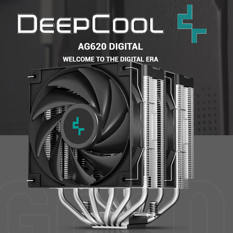 R-AG620-BKNDMN-G-1 AG620 Digital CPU AIR COOLER with Temp Display DeepCool AG620 Digital CPU AIR COOLER with Temp Display : Hydro Bearing 120mm PWM Fan 1950 RPM 67.88 CFM ; 6 Advanced Copper HeatPipes AND Copper Cold Plate ; Quite 29.4 dB ; Supports AMD & INTEL 