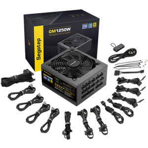 GM1250W-ATX-3.1 1250W 80 Plus Gold Full Modular PSU Segotep GM1250W Gaming Power Supply ATX3.1 PCIe 5.1 Interface 1250W 80 Plus Gold Full Modular PSU ; Dual 12V Rails (12V-2X6) for high-performance GPUs  ; 135mm Double Ball Bearing Fan with Smart Temperature Control ;  Full Safety Protections ; 93.13% Efficiency | BLACK 