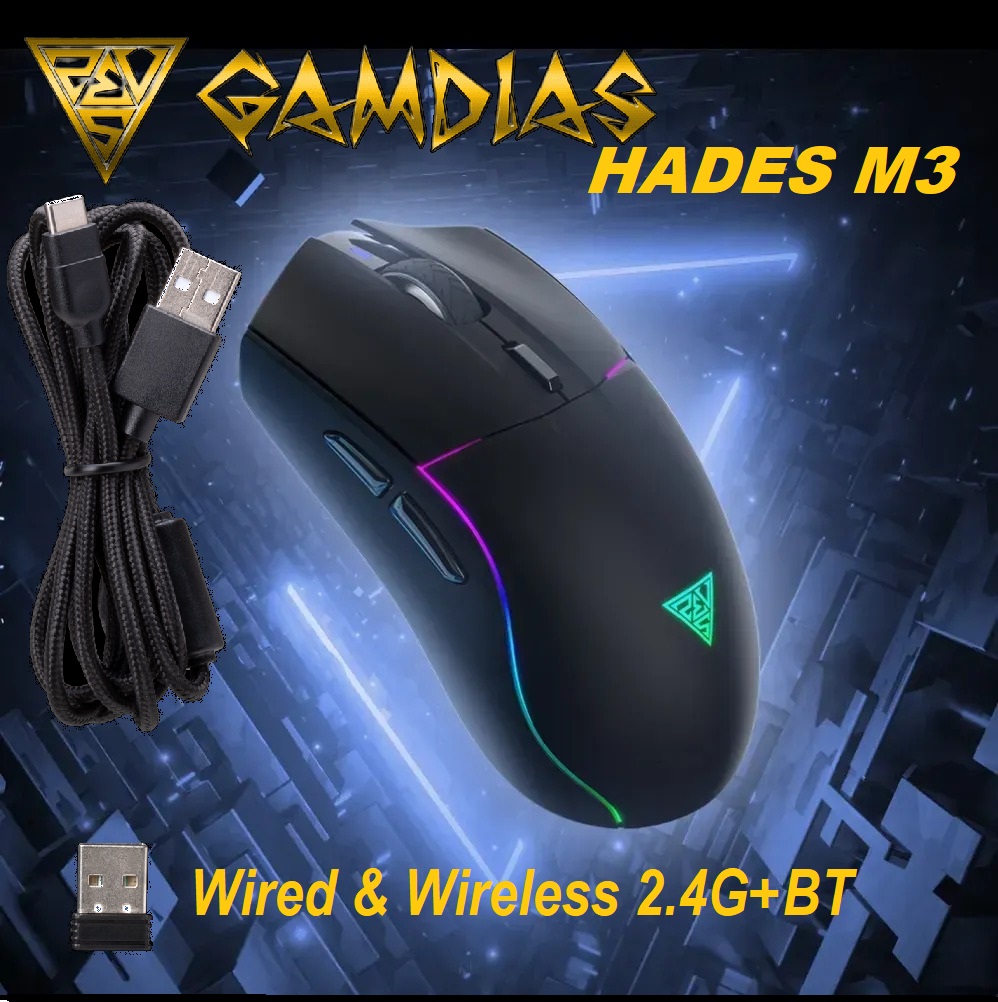 HADES-M3-B GAMDIAS HADES M3 RGB Wireless Gaming Mouse GAMDIAS HADES M3 RGB Wireless Gaming Mouse ; low-latency 2.4GHz Wireless, Wired USB Type-C to A, and Bluetooth Connections ; Lightweight 79-gram ; 7 Keys  ; Adjustable 10000 DPI Advanced Gaming Optical Sensor | BLACK