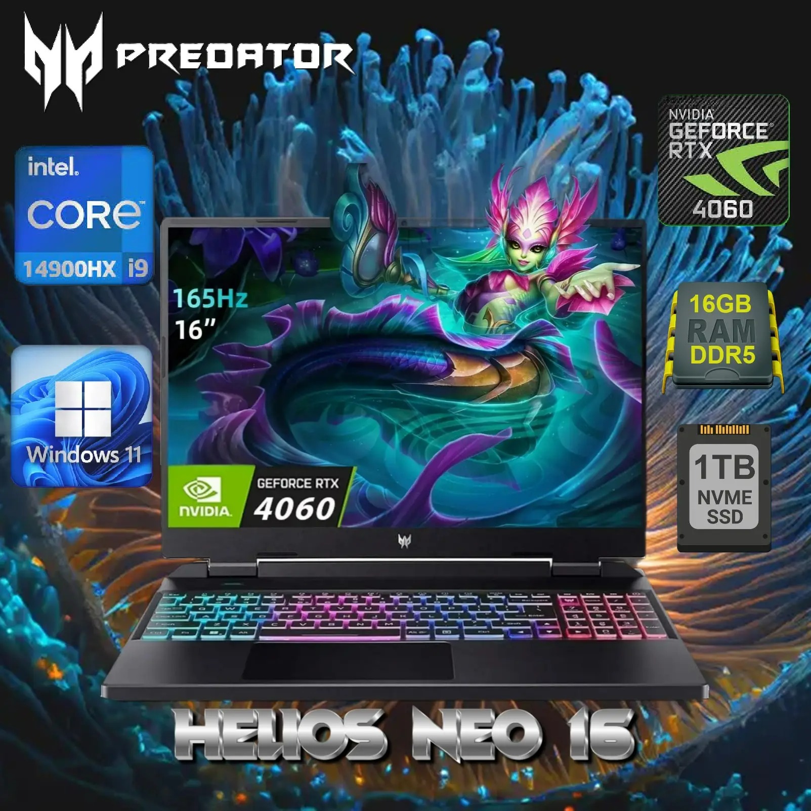 PHN16-72-99PA Predator Helios Neo 16 i9-14900HX RTX 4060 Acer Predator Helios Neo 16 PHN16-72-99PA Intel® Core™ i9-14900HX | 16 GB DDR5 RAM , 1 TB SSD | RTX™ 4060, 8 GB | 16 inch WUXGA IPS Display 165 Hz | Windows 11 Home | Intel® Killer Wi-Fi 6 | Abyssal Black