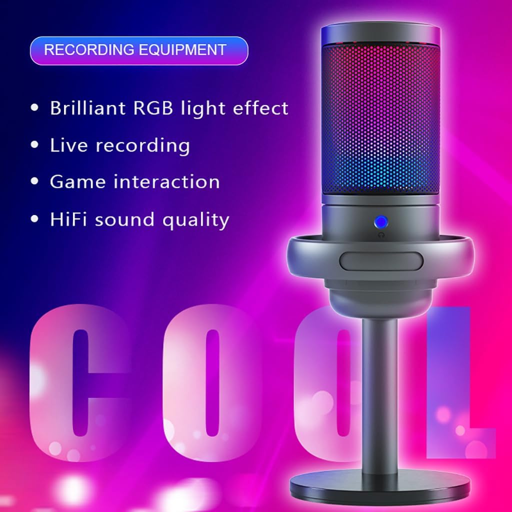 USB Microphone RGB with Stand Colorful Plug & Play Gaming Microphone for PC Computer Live Recording Noise Canceling Condenser Microphone (ME6S,Microphone Only)