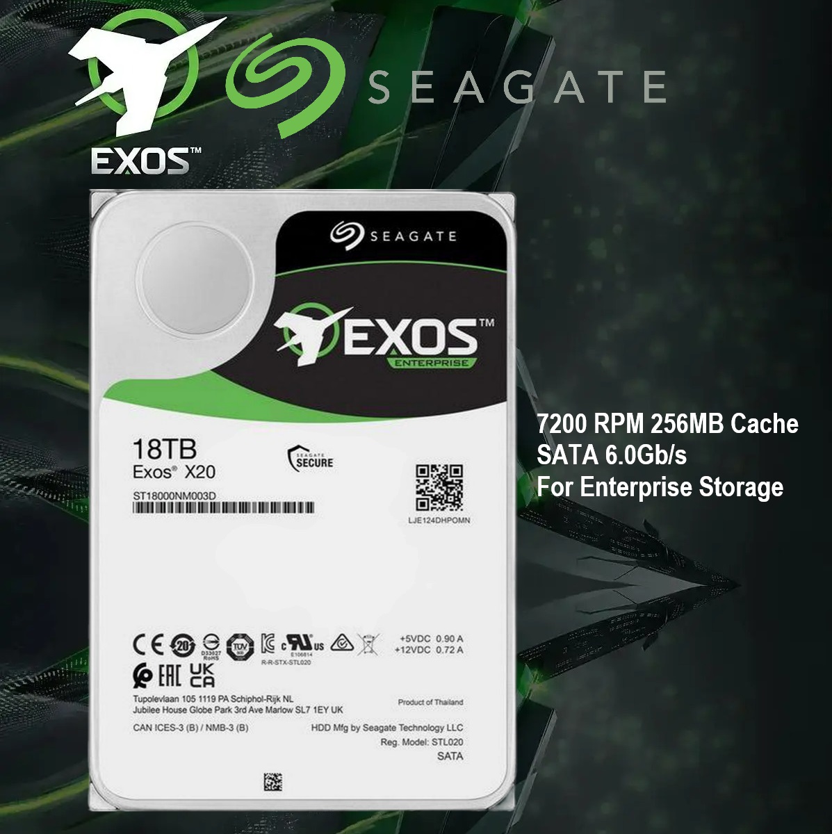 Seagate Exos X20 ST18000NM003D 18TB 7200 RPM 256MB Cache SATA 6.0Gb/s 3.5" Internal Hard Drive