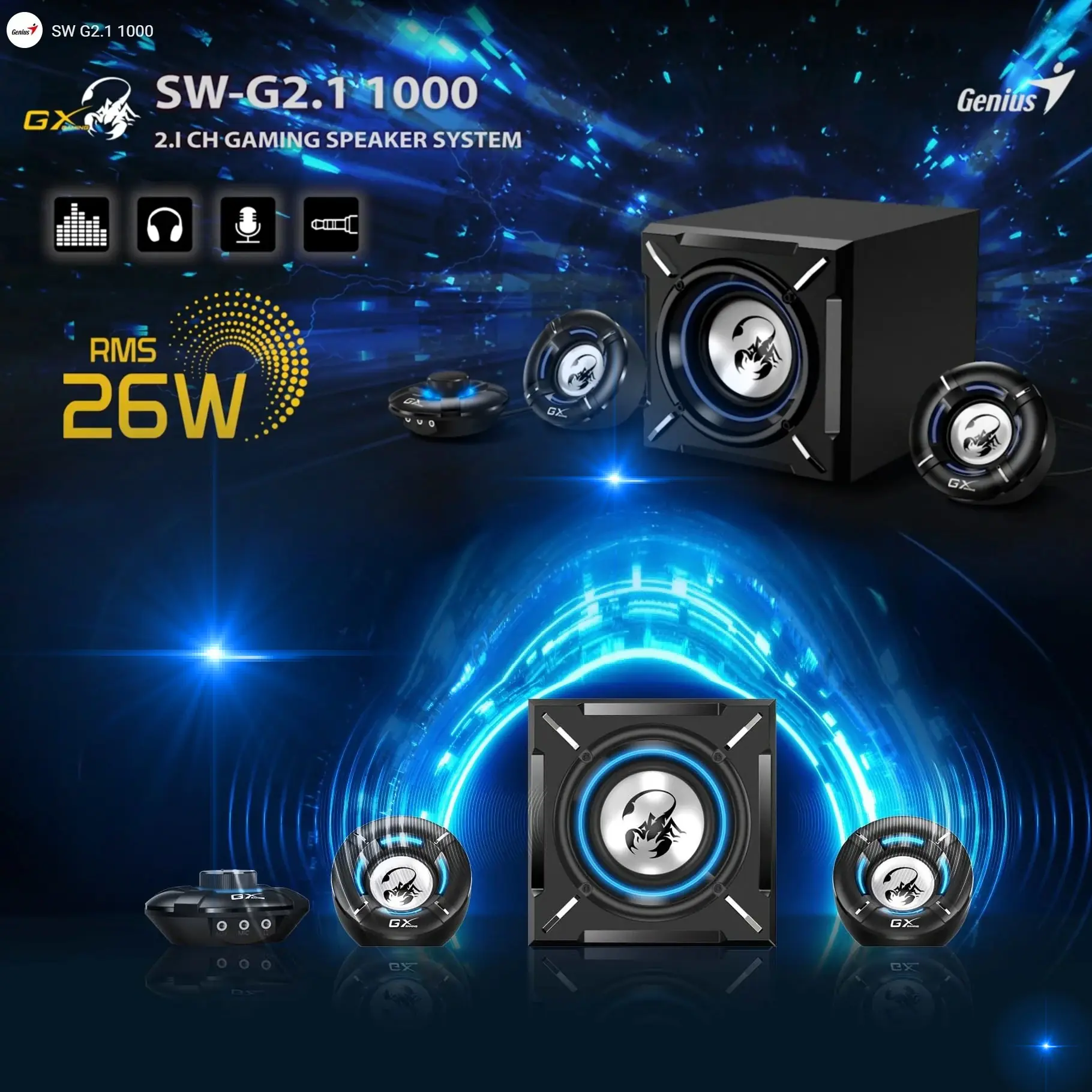 SW-G2.1-1000 AUX Gaming Speaker System Blue LED Lights Genius SW-G2.1 1000 2.1 Channel Gaming Speaker System, 26-Watt Power, Adjustable Bass, Blue LED Lights, In-Line Control Pod, Subwoofer with 5" Driver, RCA & 3.5mm Input, Black