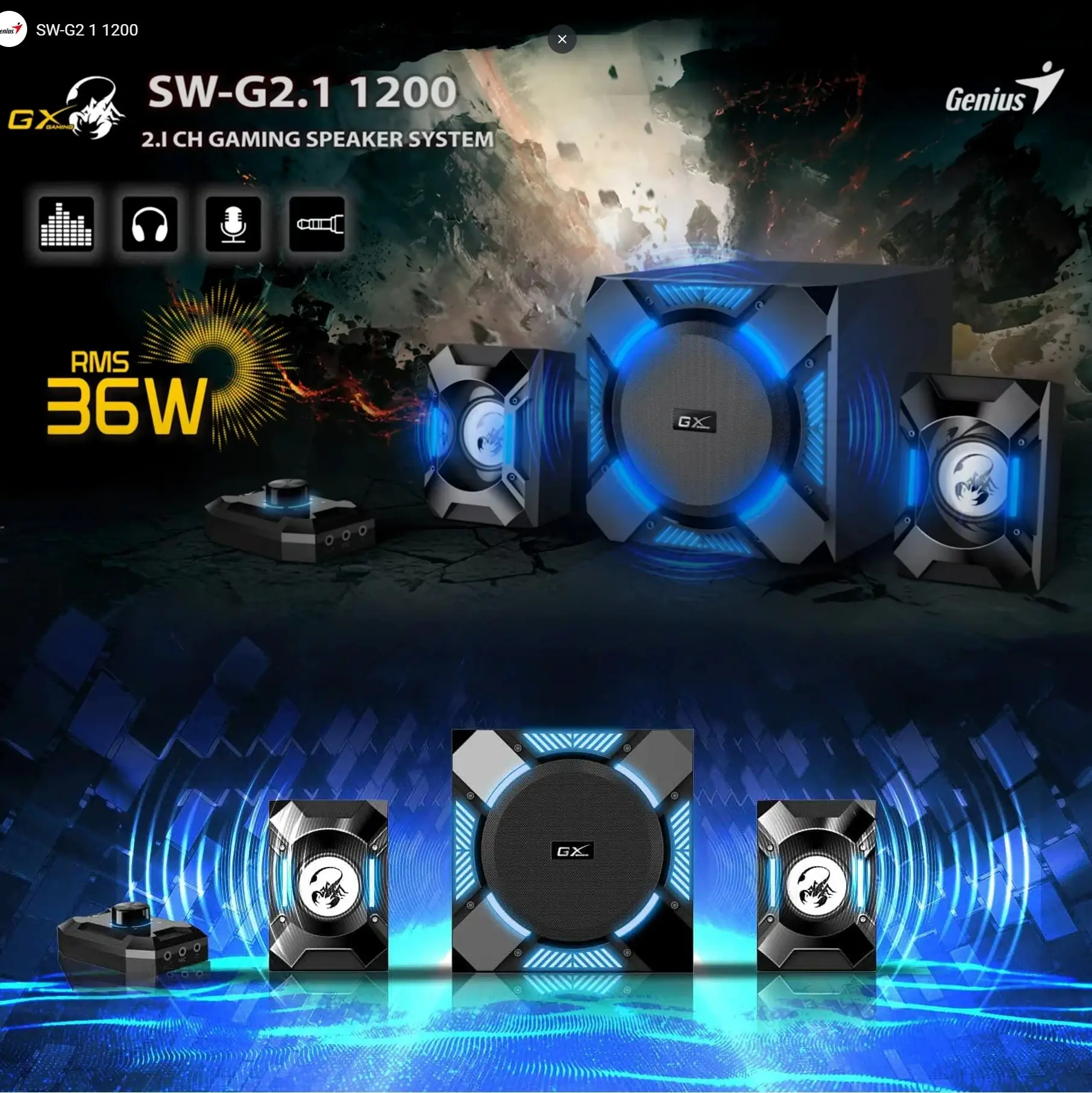 SW-G2.1-1200 Blue LED AUX Gaming Speaker System 36-Watt Genius SW-G2.1 1200 36-Watt 2.1 Channel Gaming Speaker System , 5.25" Subwoofer, Adjustable Bass, Blue LED Lights, In-Line Control Pod, RCA & 3.5mm Input, Subwoofer & Satellite Speakers, Black