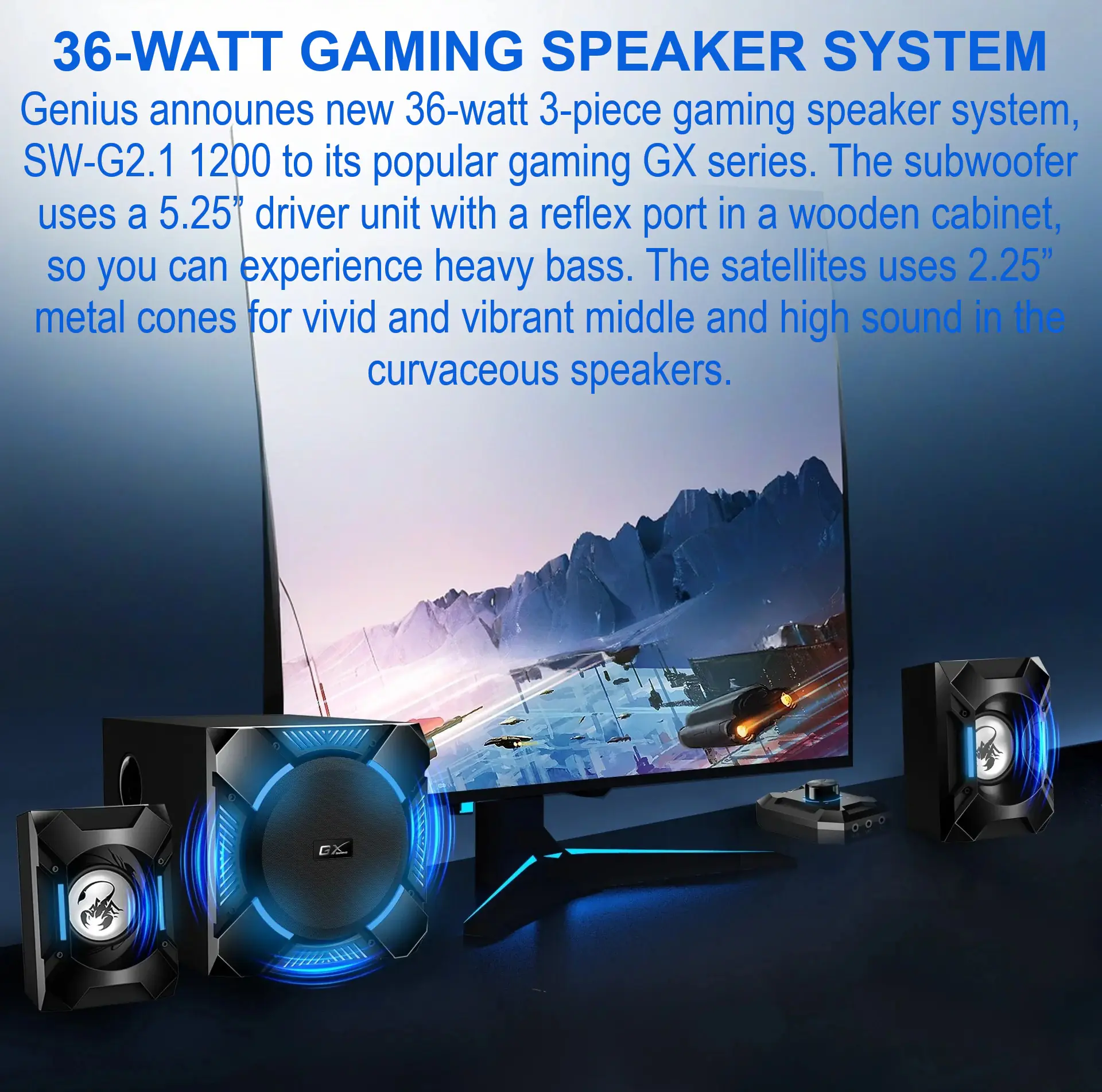 SW-G2.1-1200 Blue LED AUX Gaming Speaker System 36-Watt Genius SW-G2.1 1200 36-Watt 2.1 Channel Gaming Speaker System , 5.25" Subwoofer, Adjustable Bass, Blue LED Lights, In-Line Control Pod, RCA & 3.5mm Input, Subwoofer & Satellite Speakers, Black