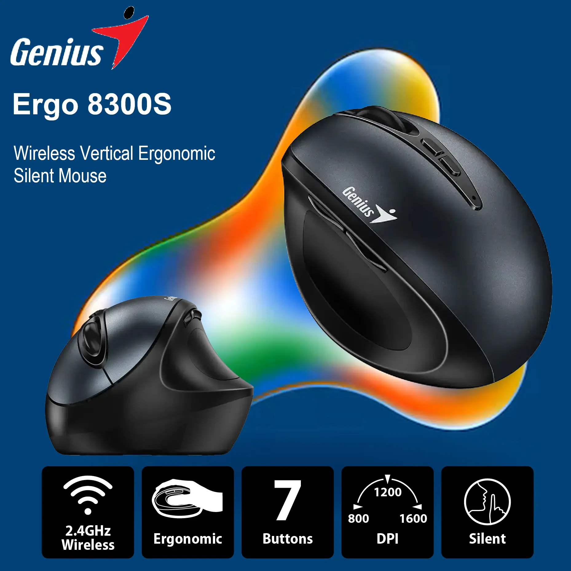 ERGO-8300S-G GREY Silent Wireless Vertical Ergonomic Mouse  Genius Ergo 8300S Wireless Vertical Ergonomic Silent Mouse, 2.4GHz Connection, 7 Buttons, Adjustable DPI (1000/1200/1600), Up to 10m Range, Silent Click, Includes Batteries | Iron Grey