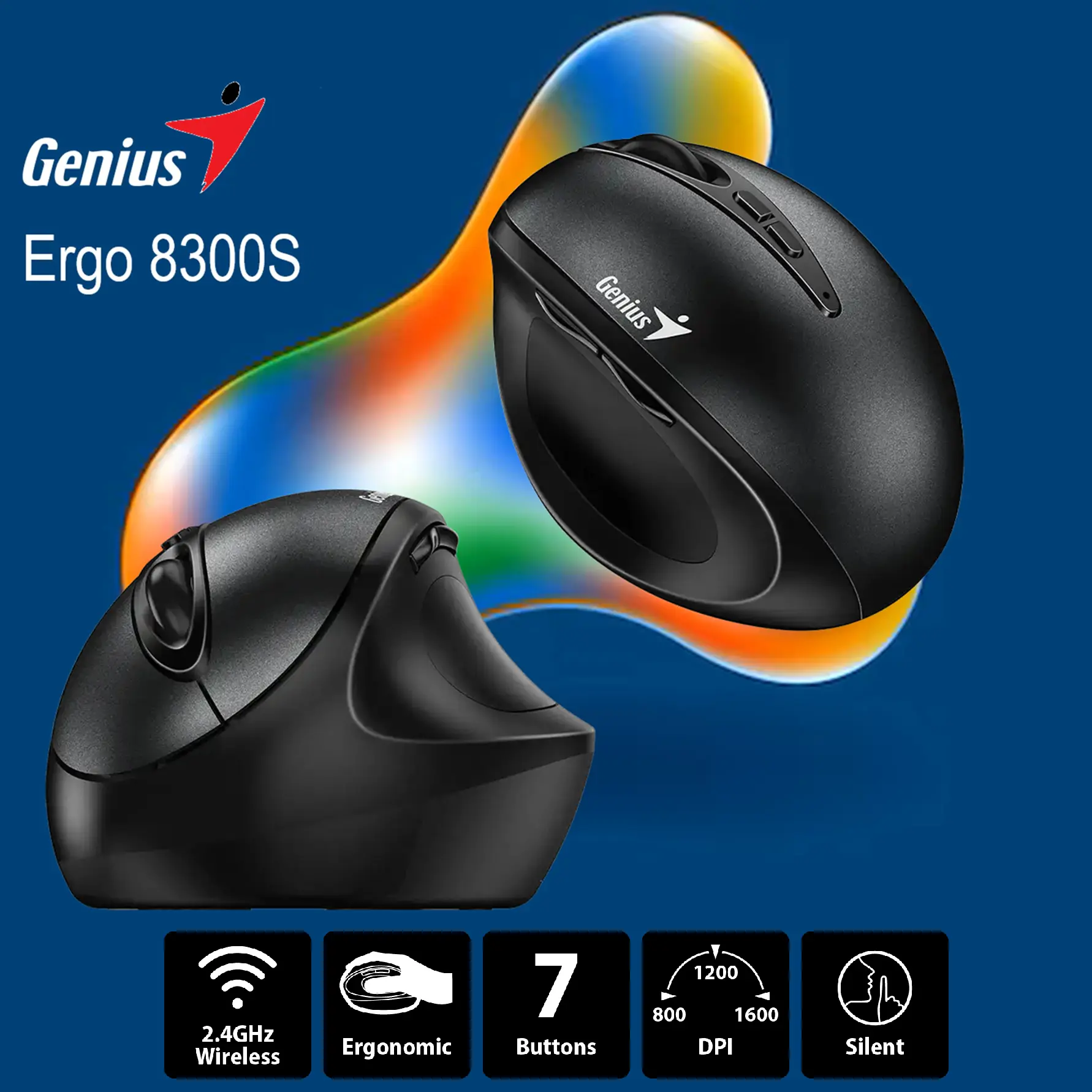 ERGO-8300S-B Ergo Wireless Vertical Ergonomic Silent Mouse Genius Ergo 8300S Wireless Vertical Ergonomic Silent Mouse, 2.4GHz Connection, 7 Buttons, Adjustable DPI (1000/1200/1600), Up to 10m Range, Silent Click, Includes Batteries | BLACK