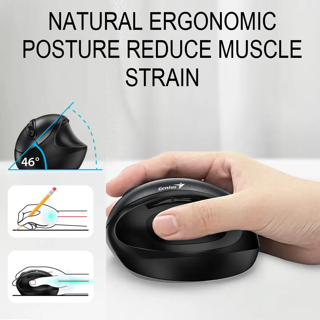 ERGO-8300S-B Ergo Wireless Vertical Ergonomic Silent Mouse Genius Ergo 8300S Wireless Vertical Ergonomic Silent Mouse, 2.4GHz Connection, 7 Buttons, Adjustable DPI (1000/1200/1600), Up to 10m Range, Silent Click, Includes Batteries | BLACK