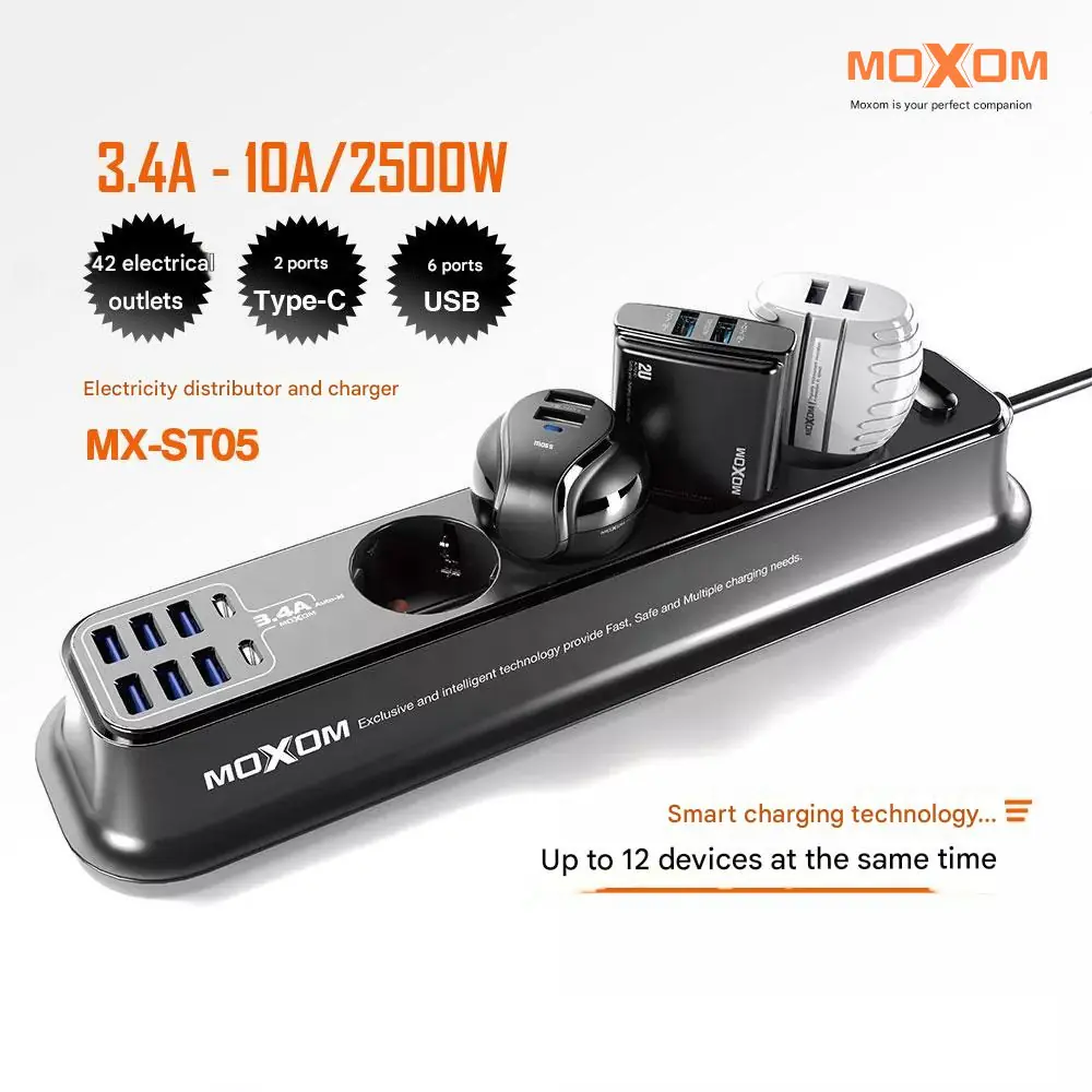 MOXOM-MX-ST05 MOXOM MX-ST05 Power Strip and Fast Charger with 6 USB Ports and 2 Type-C Ports Fast Charging 3.5A and 4 AC Power Sockets 