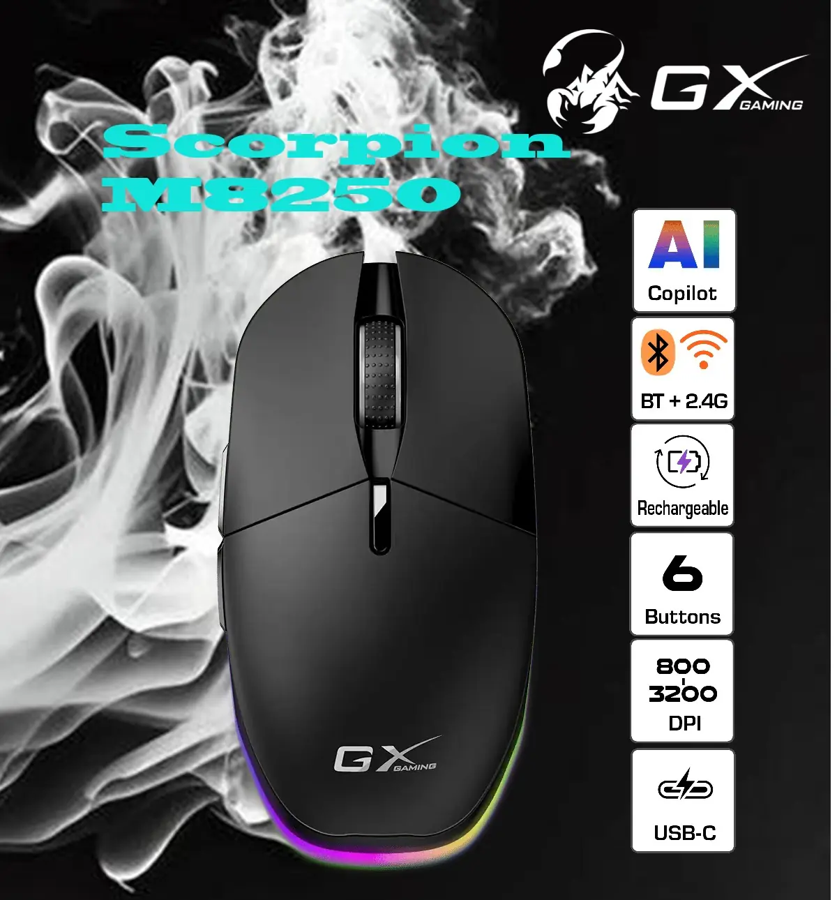 SCORPION-M8250-B Wireless and Bluetooth BLACK RGB Gaming Mouse Genius Scorpion M8250 Wireless 2.4GH Bluetooth Rechargeable Gaming Mouse with LED, Dual Mode (Bluetooth 5.0 & 2.4GHz) , RGB Backlighting, Adjustable DPI (800-3200), AI Copilot Key, USB-C Charging, for Gaming and Work | BLACK