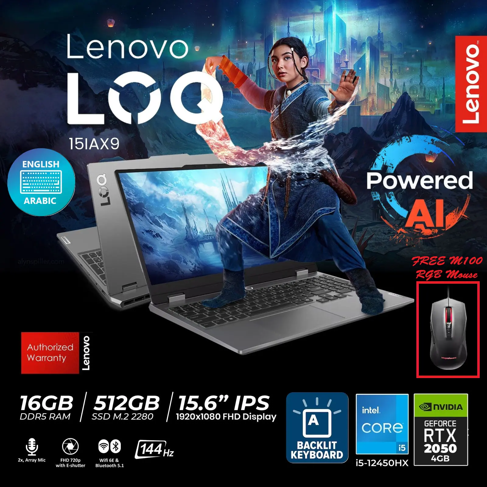 83LK0062DP AI LOQ i5-12450HX RTX 2050 16GB DDR5 RAM LENOVO AI PC LOQ 15IAX9E Intel® Core™ i5-12450HX | 16GB DDR5 RAM ; 512GB SSD NVMe® | RTX™ 2050 4GB | 15.6 inch IPS FHD Display 144Hz | White Backlit Keyboard ENGLISH ARABIC | DOS | LOQ™ M100 RGB Mouse Incl. | Luna Grey 