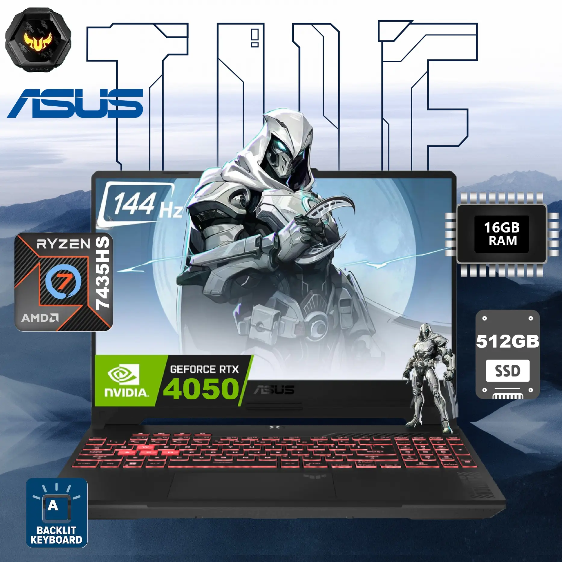 90NR0JP5-M00680 ASUS TUF A15 RTX 4050 16GB DDR5 AMD 7 7435HS  ASUS TUF Gaming A15 AMD Ryzen™ 7 7435HS | 16GB DDR5 RAM ; 512GB NVMe | RTX™ 4050 , 6GB | 15.6-inch FHD 144Hz IPS Display | RGB Backlit Island-style Keyboard | DOS | MECHA GREY FA507NUR-LP104