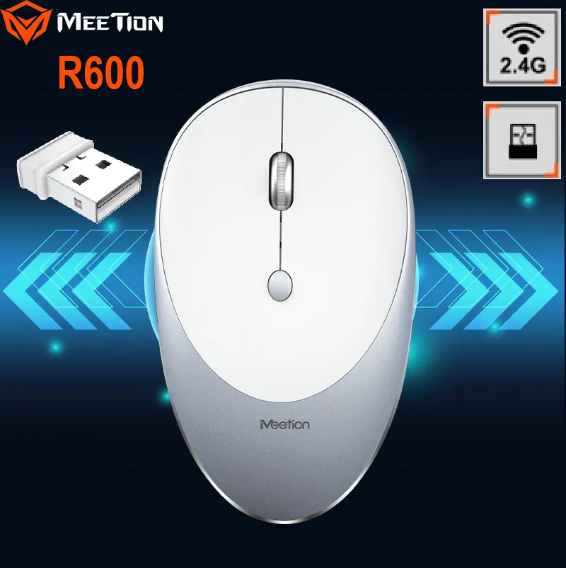 MEETION-MT-R600-S WHITE Wireless Mouse R600 with 1600 DPI MEETION Rechargeable Wireless Mouse R600 with 1600 DPI, 10m Wireless Range, 2.4GHz Transmission, Mute Buttons, Auto Sleep, and Slim Design | SILVER WHITE